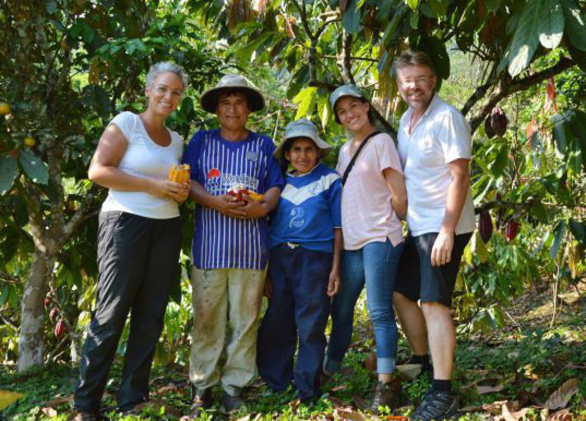 5 Personen unter Kakaobäumen, 2 Besucher, 3 Bauern