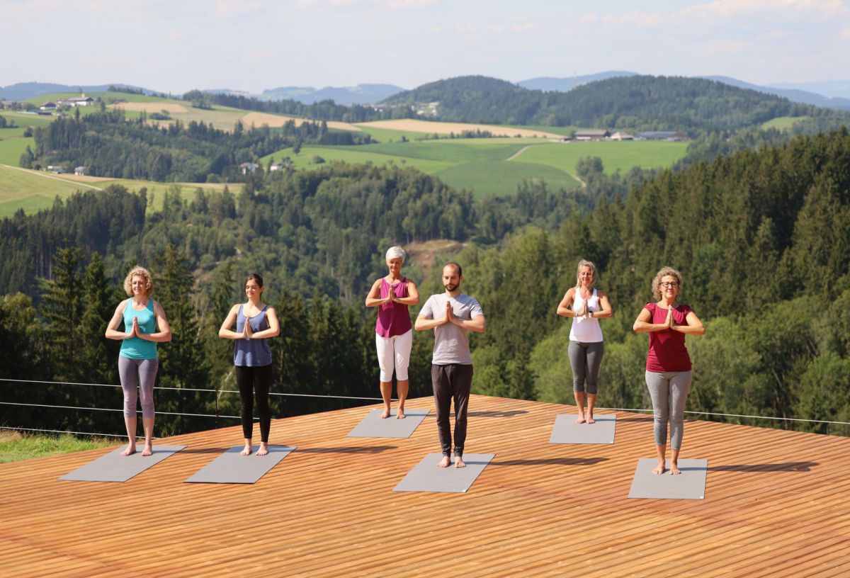 Gruppe von 6 Personen stehend beim Yoga auf einer Holzterasse