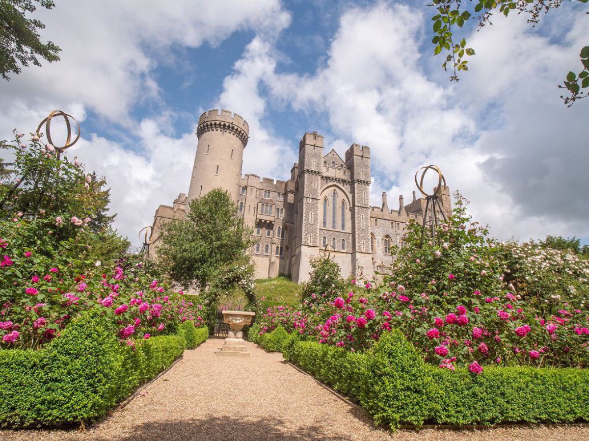 Die Mauern von Arundel Castle ragen gegen den bewölkten Himmel, in den vorgelagerten Schlossgärten blühen pinke Rosen hinter grünen, sorgfältig gepflegten Hecken.