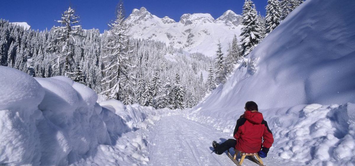 Mann rodelt ins Tal.
