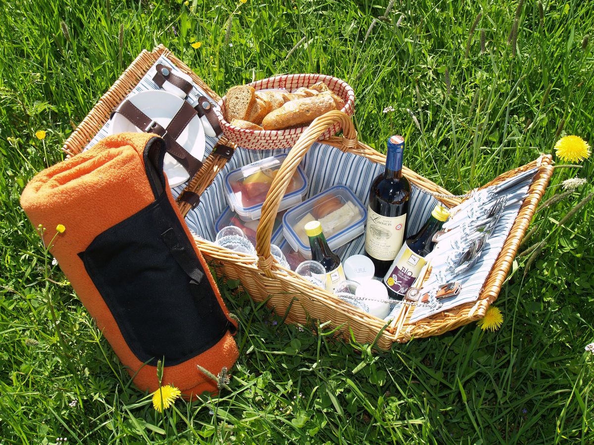 Picknickkorb auf der Wiese mit Spezialitäten aus dem Bioladen Seeham.
