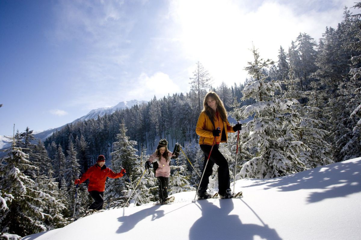 Drei Schneeschuhwanderer in Winterlandschaft