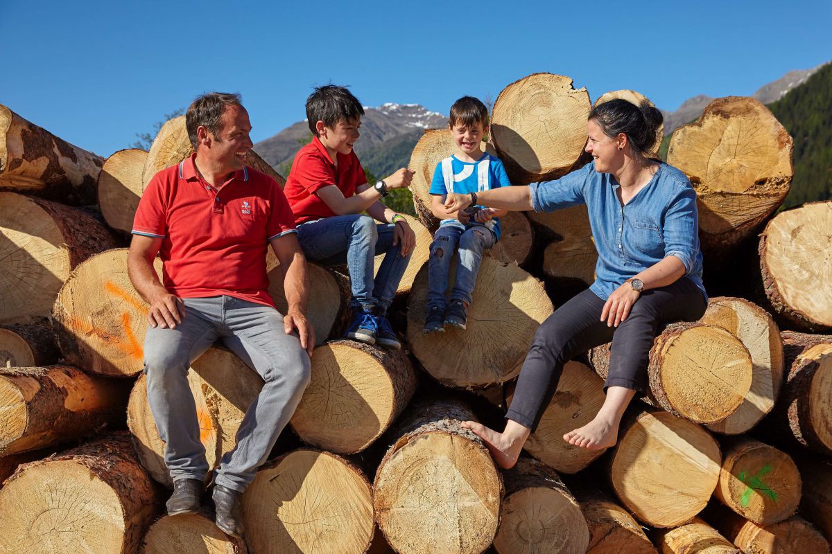 Iris und Martin Steger mit ihren beiden Buben Jonas und Paul. Alle vier sitzen auf einem riesigen Stoß Holzstämme.