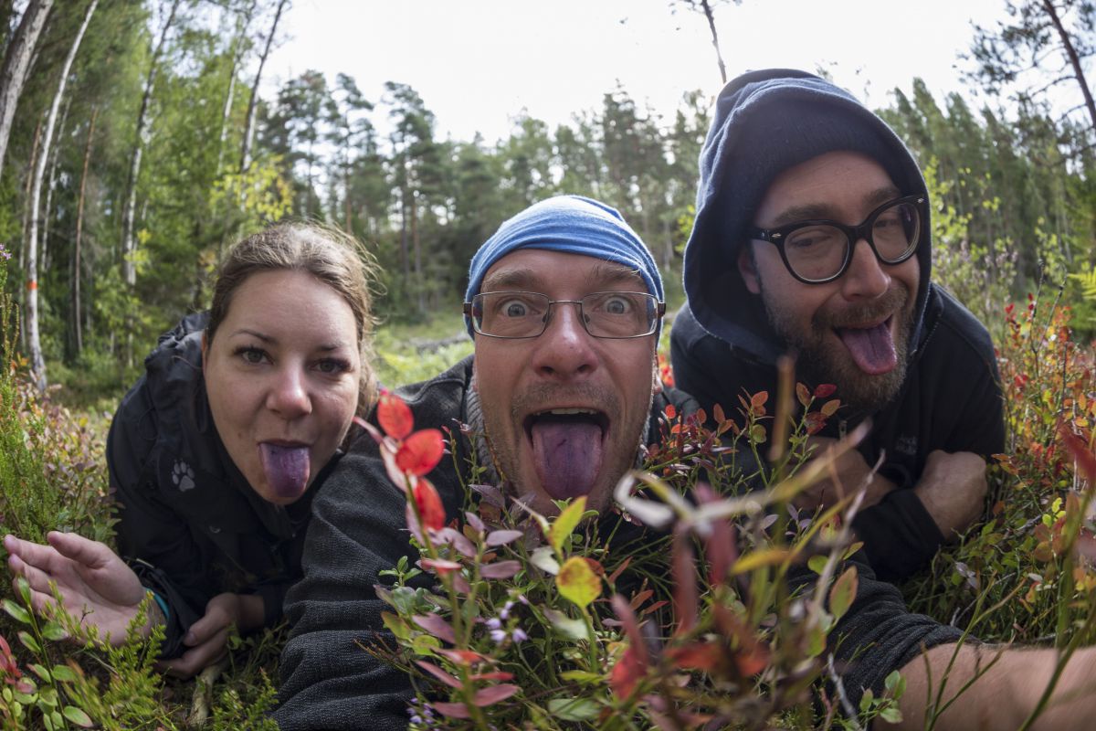 3 Leute liegen in der Wiese und strecken ihre Blaueb ZUngen heraus.