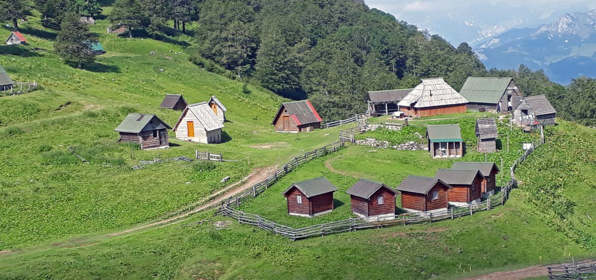 Bauernhof von Slobodanka. Viele kleinere und größere Hütten auf der Alm, darunter auch 5 Ferienhüttchen für Gäste.