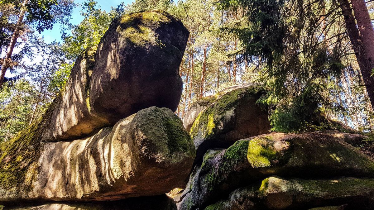 Mehrere Wackelsteine im Wald.