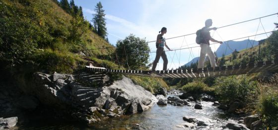 2 Wanderer gehen über eine kurze Hängebrücke