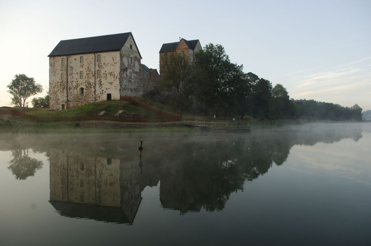 Ein mittelalterliches Schloss direkt am Wasser, Nebel steigt vom Wasser auf.