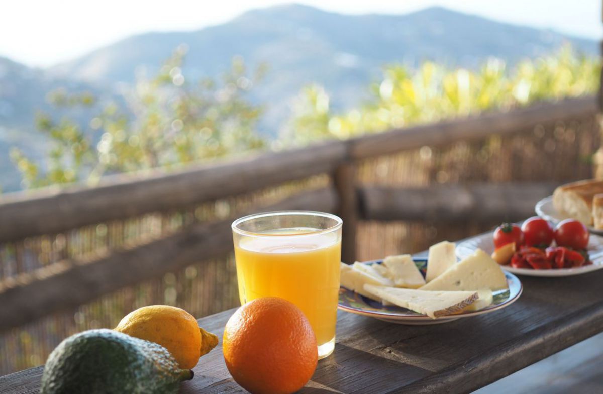 Im Licht der Morgensonne posieren Avovado, Zitrone, Orange, Käse, Tomaten und Weißbrot gemeinsam mit einem Glas frisch gepresstem Orangensaft auf einem Balkon mit Geländer aus Holz und Schilf, der Blick verliert sich in der sanft hügeligen Landschaft dahi