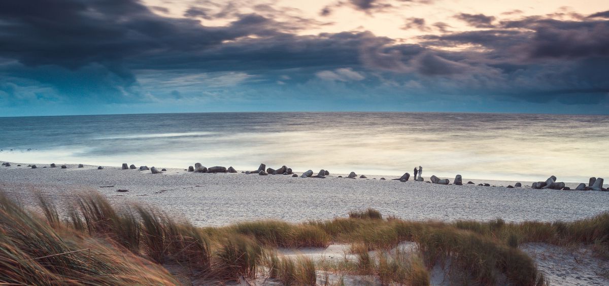 Die hohen grün-braunen Gräser in den Dünen werden vom starken Seewind in den Sand gedrückt, im Hintergrund ein stark bewölkter Himmel bei Sonnenuntergang über dem Meer. EIn Farbenspiel von Grau, Schwarz über dunkle und hellere bis türkise Blautöne bis hin