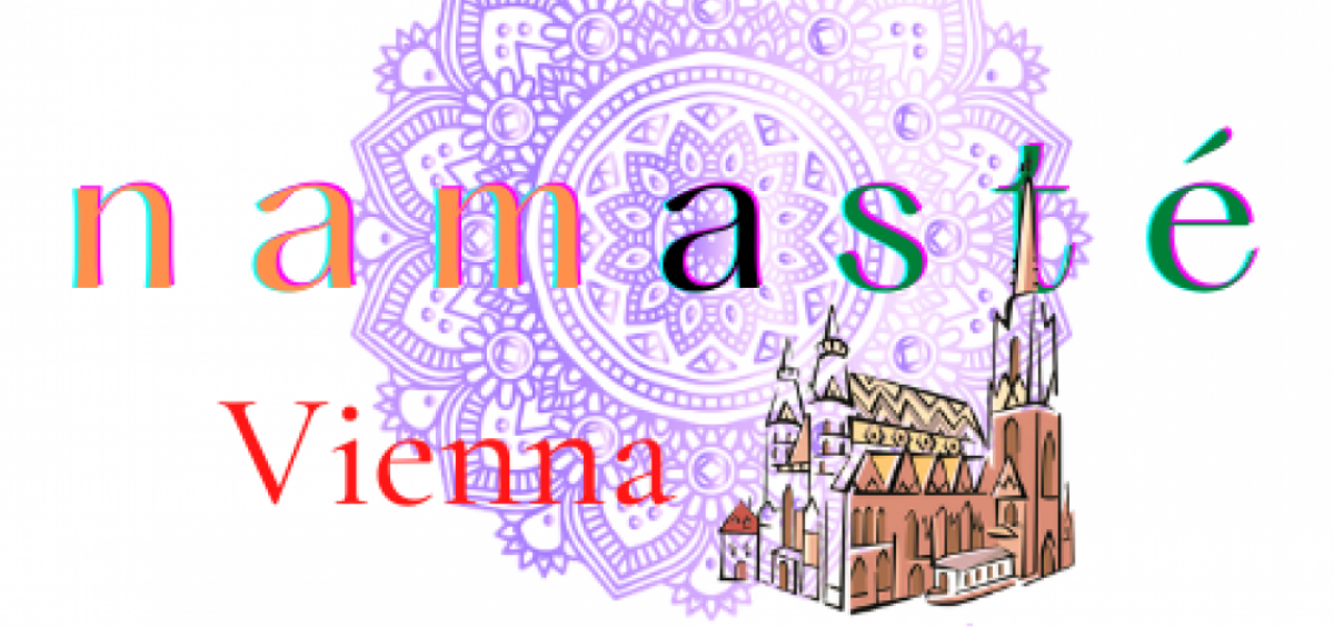 Das Logo von Namasté Wien: Eine Zeichung des Stephansdom vor dem Hintergrund eines Mandalas, darüber die Aufschrift: Namasté Vienna, an indian cultural experience tour.