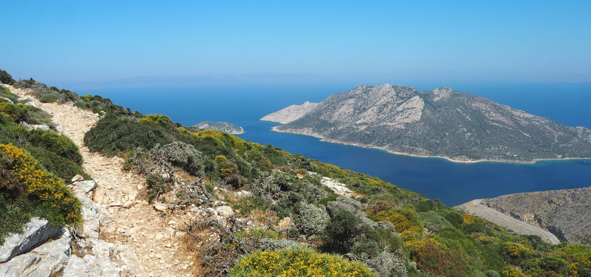 Fast unwirklich ist die Pracht der Farben auf diesem Foto, wir wandern hoch oben auf steinigem Weg, gesäumt von Büscheln und Kräutern in den unterschiedlichsten Grün- und Brauntönen. Tief unten liegt eine weitere Insel im azurblauen Meer, der Übergang zum