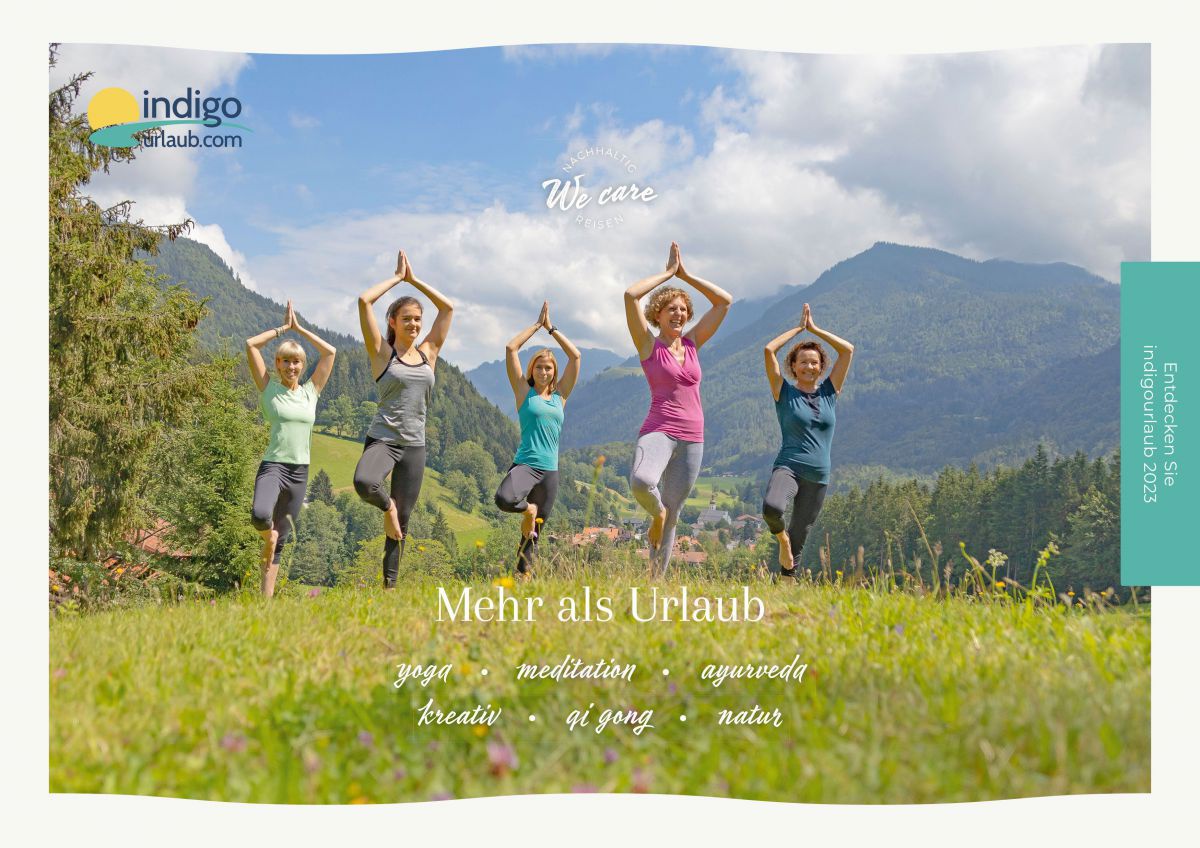 Cover des Kataloges - 5 Personen machen Yoga-Übungen auf einer Wiese, Berge im Hintergrund.