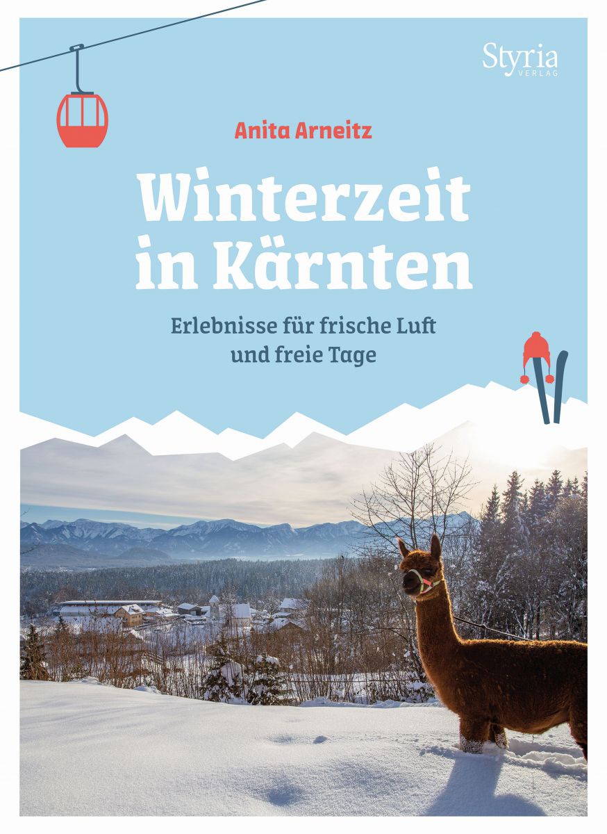Cover des Buches Winterzeit in Kärnten mit einem Aplaka im Tiefschnee.