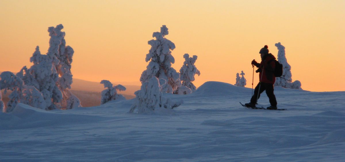 Mann auf Schnehschuhen bei schwachem Sonnenlicht in eisiger Landschaft.