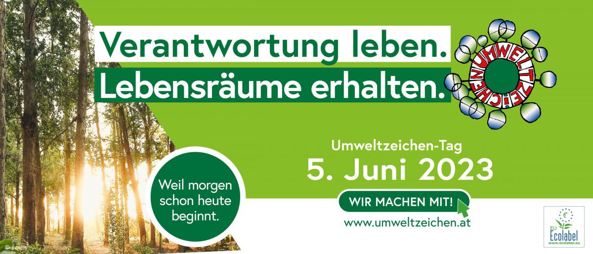 Sujet Umweltzeichentag Bäume in der Abendsonne, dazu der Slogan 