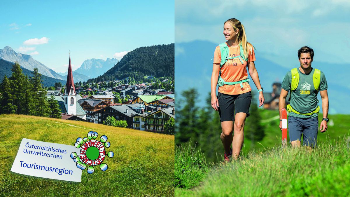 Collage mit 2 Bildenn aus den Regionen, einmal Blick auf den Ort, einmal zwei Wanderer, darin das Umweltzeichen Logo.