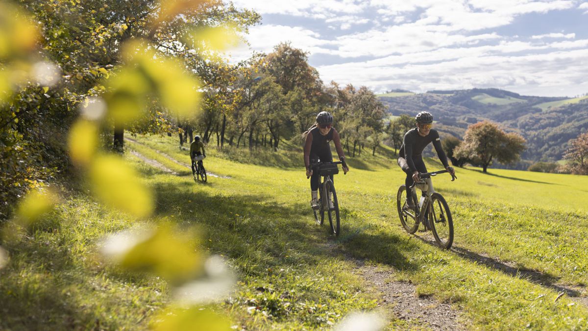 3 Radfahrer*innen auf einem Wiesenweg im Hügellend.