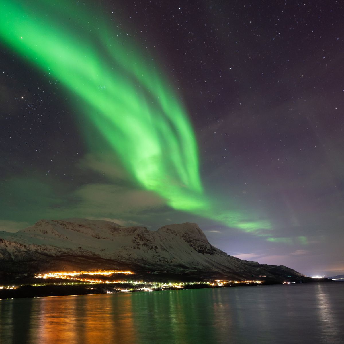 Grüne Lichterschwaden tanzen über einer beleuchteten Stadt am Meer.
