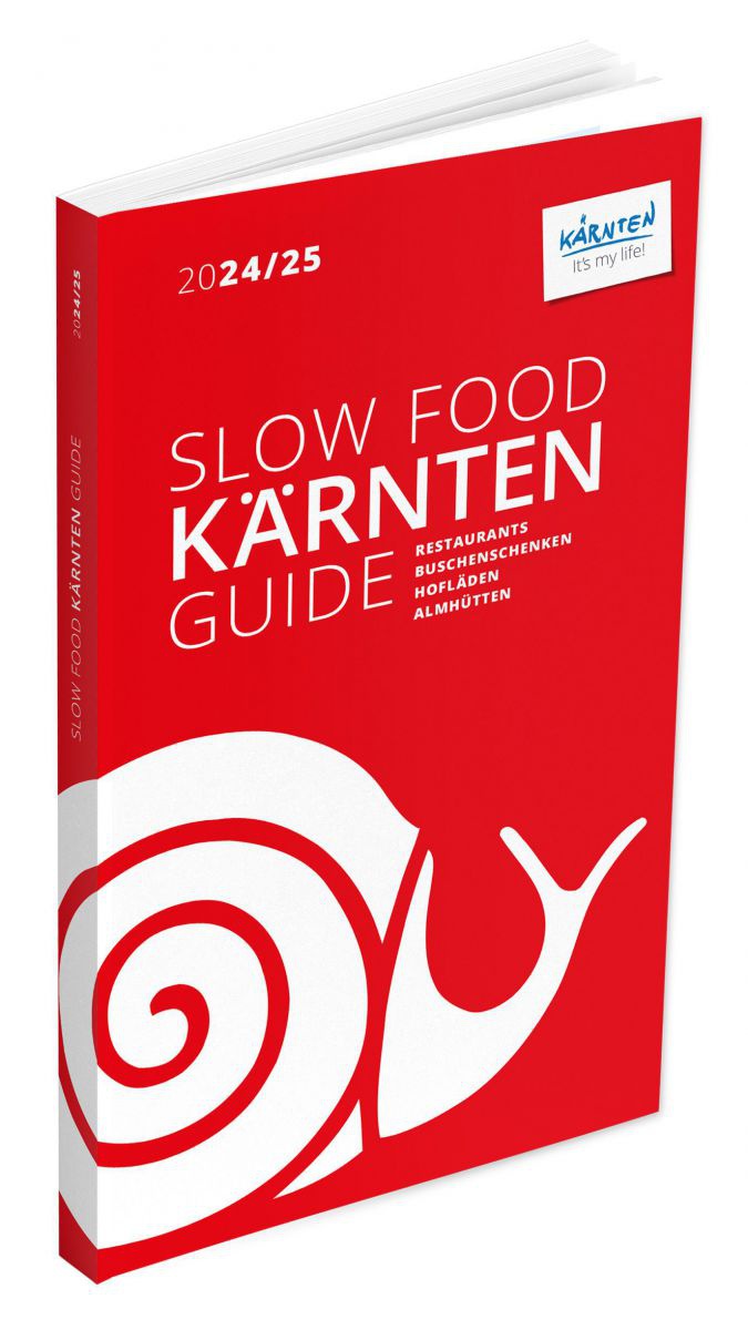 Cover Slow Food Guide Kärnten. Rotes Buch mit weißem Schnecken-Logo.
