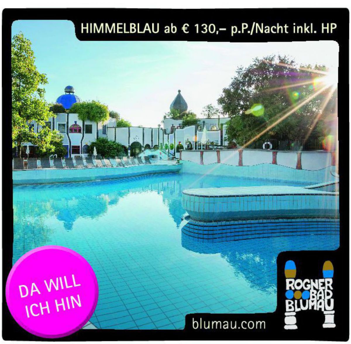 Becken im Rogner Bad Blumau in der tief stehenden Sonne.