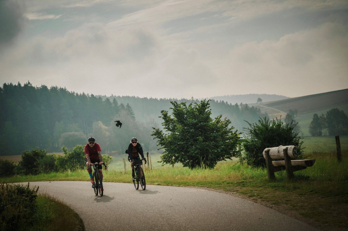 Zwei Radfahrer*innen auf einer asphatierten Landstraße. Hinter ihnen ein Vogel im Tiefflug. Morgendlicher Nebel hängt noch über der dicht bewaldeten, hügeligen Landschaft.
