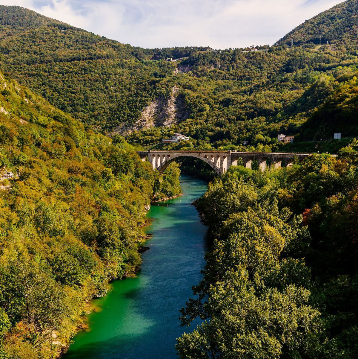 Brücke über einen Fluss, rundum grüne Wälder.