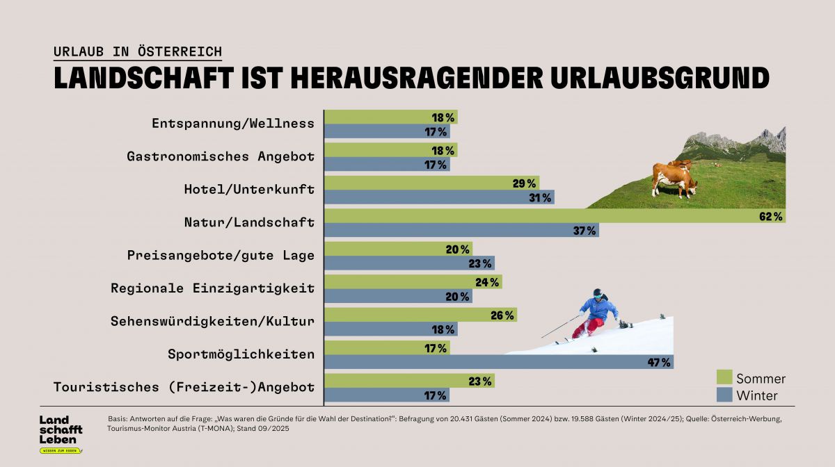 Grafik mit Balken. Nach Natur kommen die Hotels. Im Winter sind es die Sportmöglichkeiten.