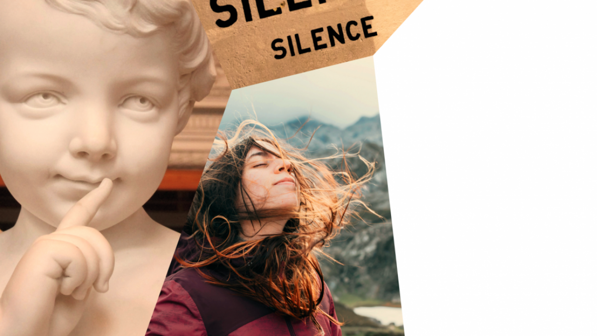 Collage: Ein Porzellanengel, der den Finger an die Lippen legt, Eine Frau, die sich mit geschlossenen Augen den Wind durchs Haar wehen lässt, ein Schild auf dem steht: 