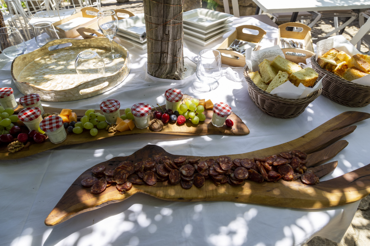 Ein reichhaltig gedeckter Tisch im Schatten eines Baumes: fein aufgeschnittene Salami auf einem rustikalen Oliven-Wurzelholzbrett angerichtet, Oliven, Beeren, Käsestücke und geschnittenes Weißbrot in Körben.