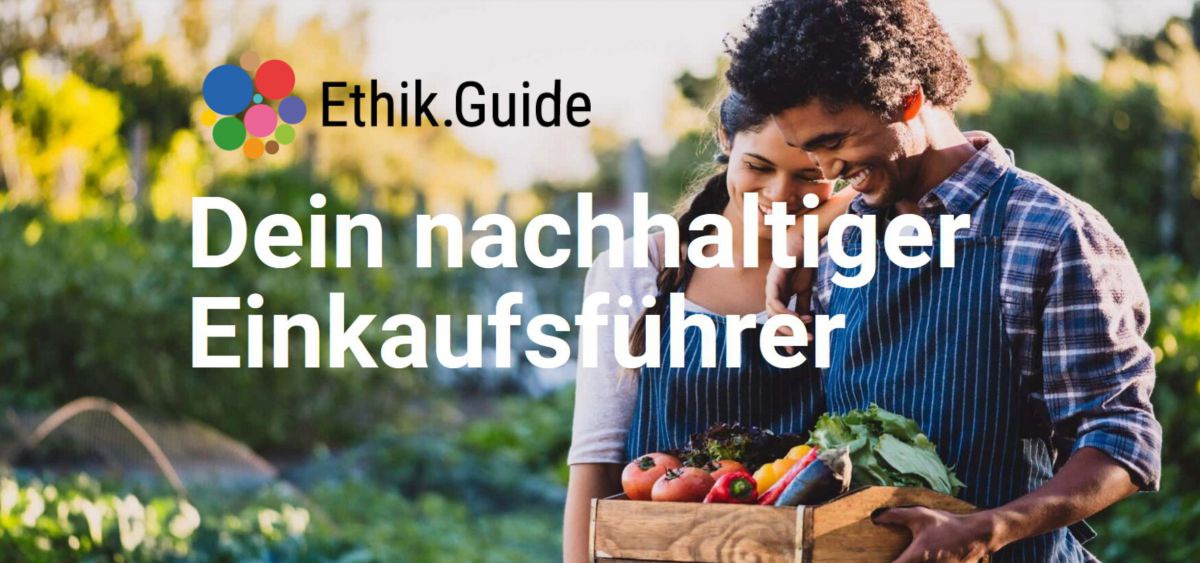 Mann und Frau mit Gemüsekisterl. im Bild steht: Ethik Guide, dein nachhaltiger Einkaufsführer.