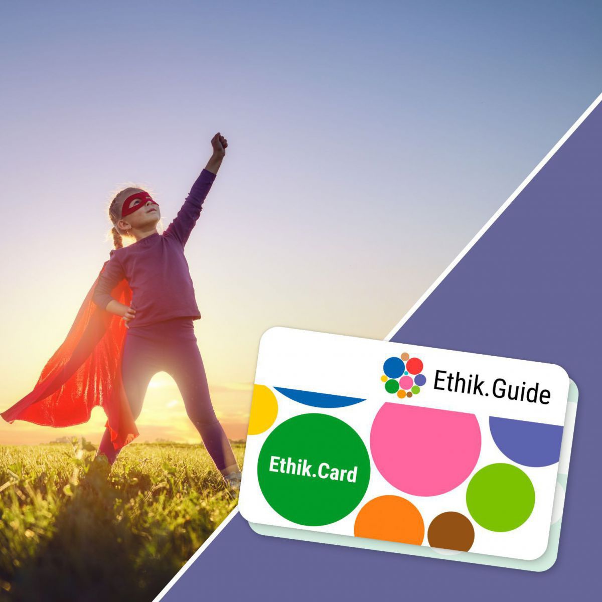Ethik Card Hero. Mädchen mit rotem Umhang und roter Augenbinde in Superwoman-Pose.