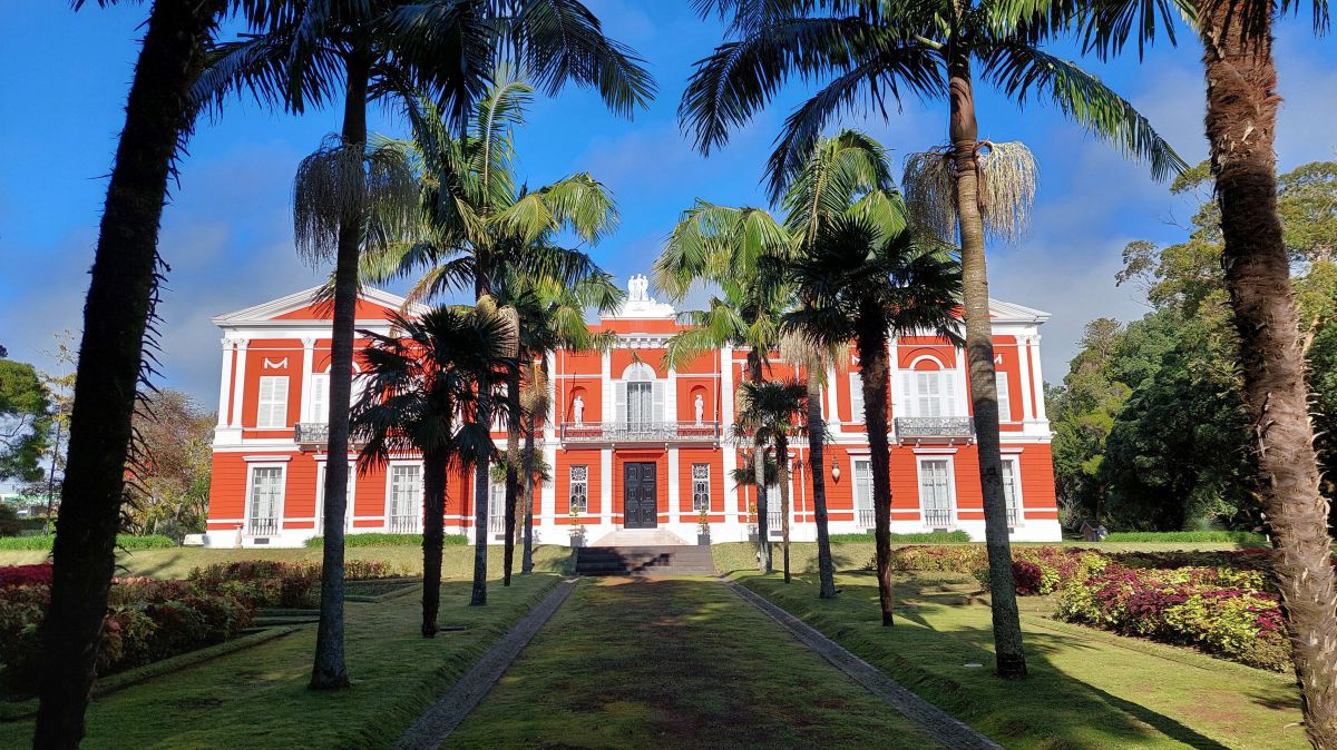 Palmenallee, am Ende ein großes rotes Gebäude mit weißen Fensternischen.