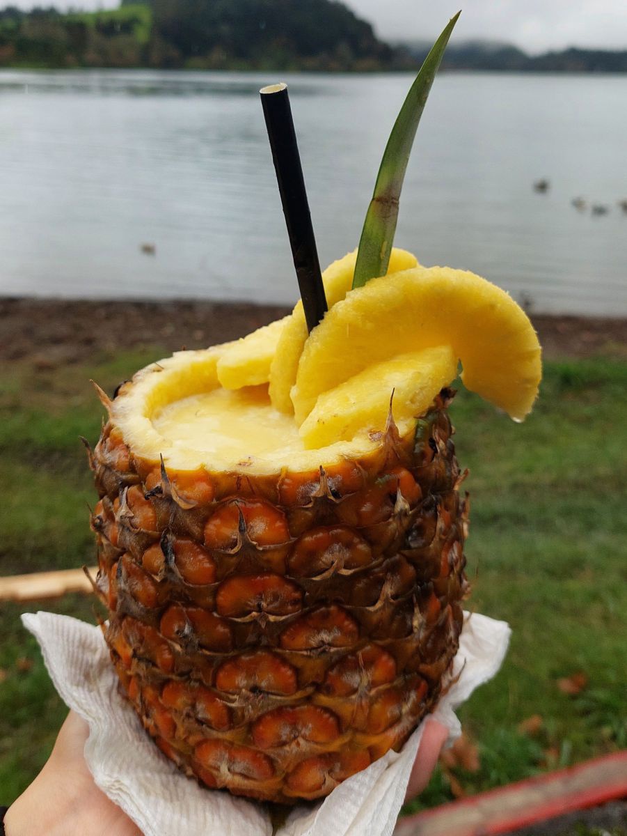 Der Inhalt einer Ananas gemixt und wieder zurück in die Ananas gefüllt, die als Becher dient. Drapiert mit einigen Ananasscheiben. Strohhalm.
