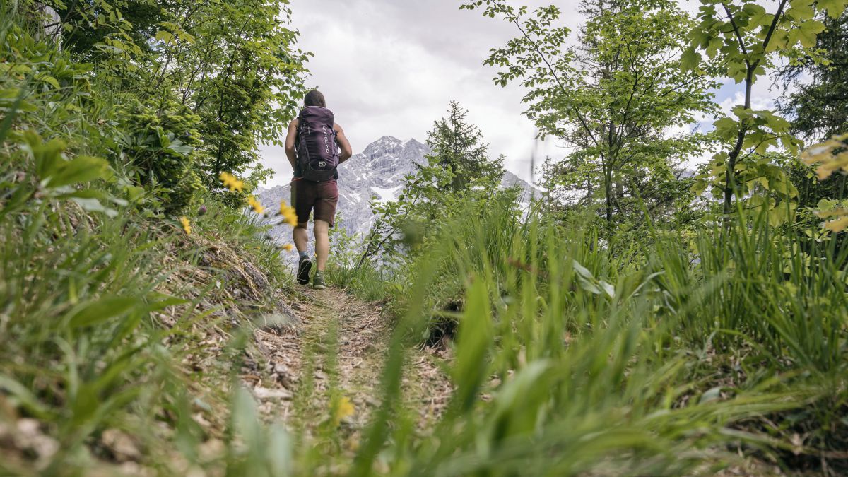 Frau wandert einen eteas steileren Weg mit Blickauf einen Berg im Hintergrund.