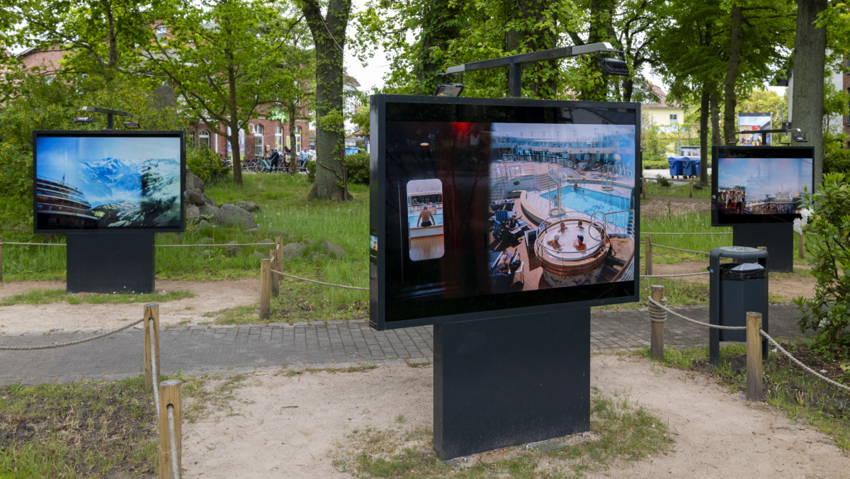 In einem Park zwischen hohen Bäumen werden die Fotografien in Schaukästen, welche auf schwarzen Podesten installiert sind, präsentiert. 