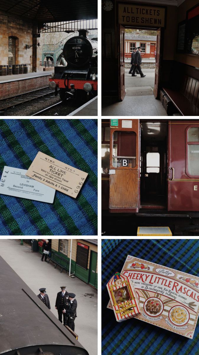 Eindrücke vom Yorkshire Moors Railway: Dampflok, Schaffner, alte Waggongarnituren, Fahrkarten aus Papier, Süßigkeiten auf den blau-grün karierten Sitzen.