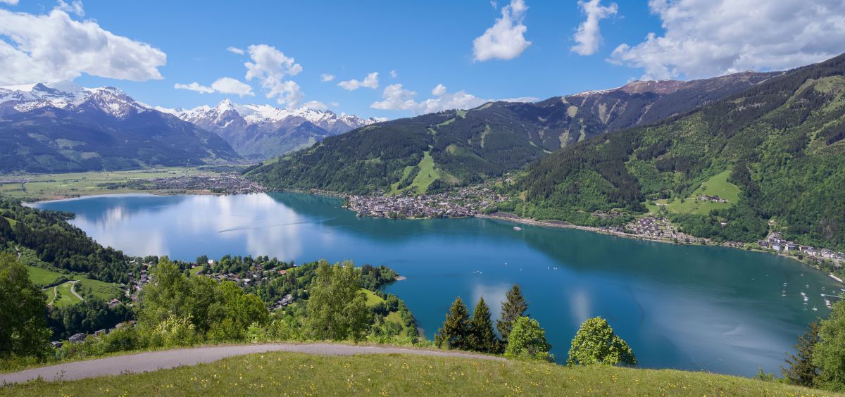 Blick vom Mitterberg auf den Zeller See im Sommer. Im Hintergrund eine mächtige Gebirgskette mit weißen Gipfeln.