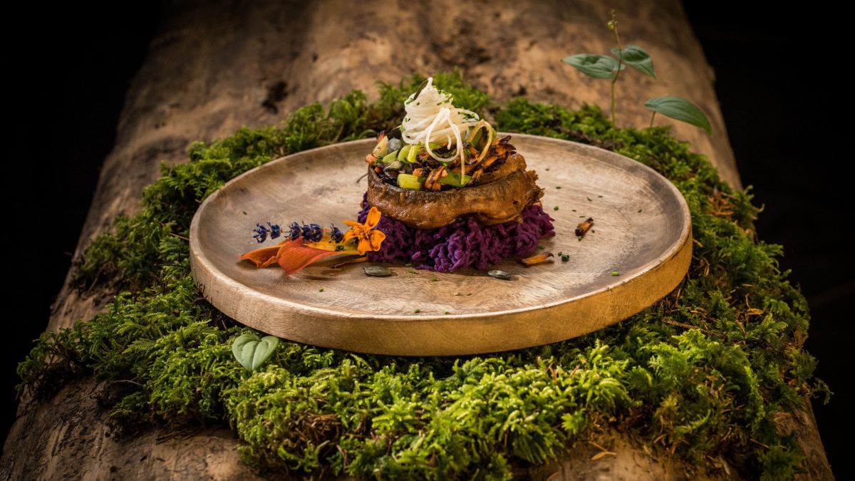 Gericht mit viel Gemüse auf einem Holzbrett, dieses liegt auf einem Baumstamm und ist mit Moos herum drapiert.