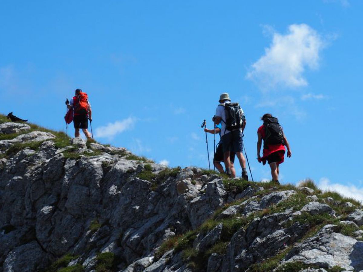 Vier Personen wandern af einem Bergkamm.