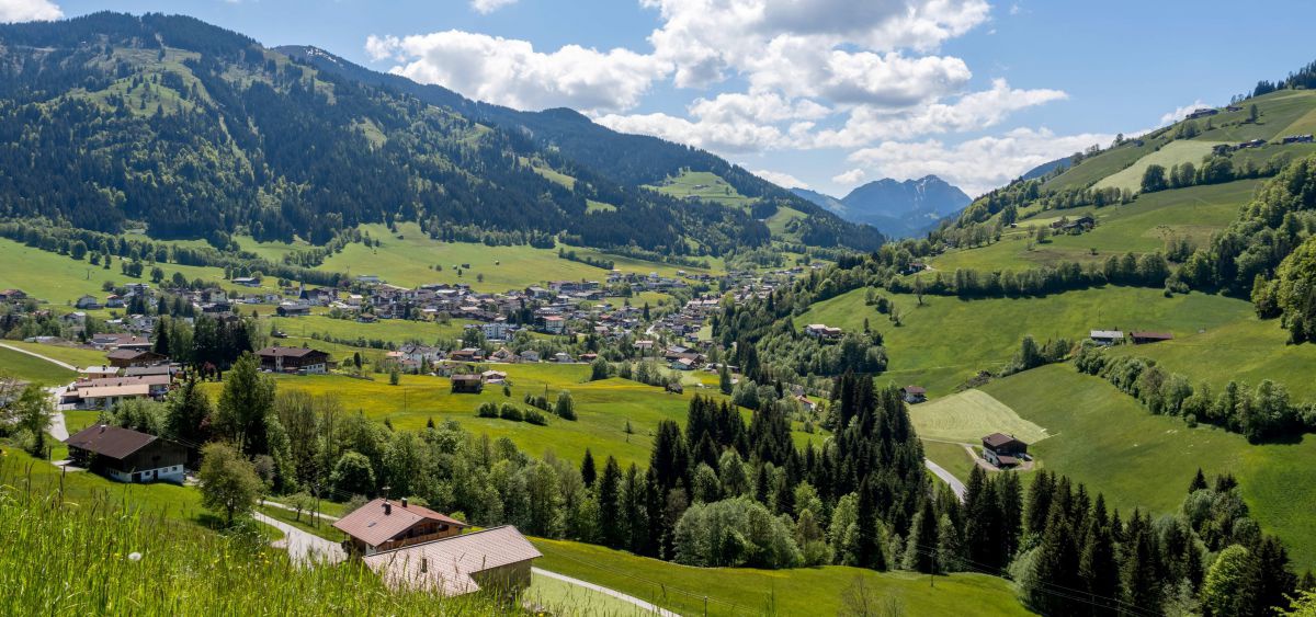 Blick von einer Anhöhe ins Tal. Saftig grüne Wiesen, darin eingebettet eine Ortschaft.