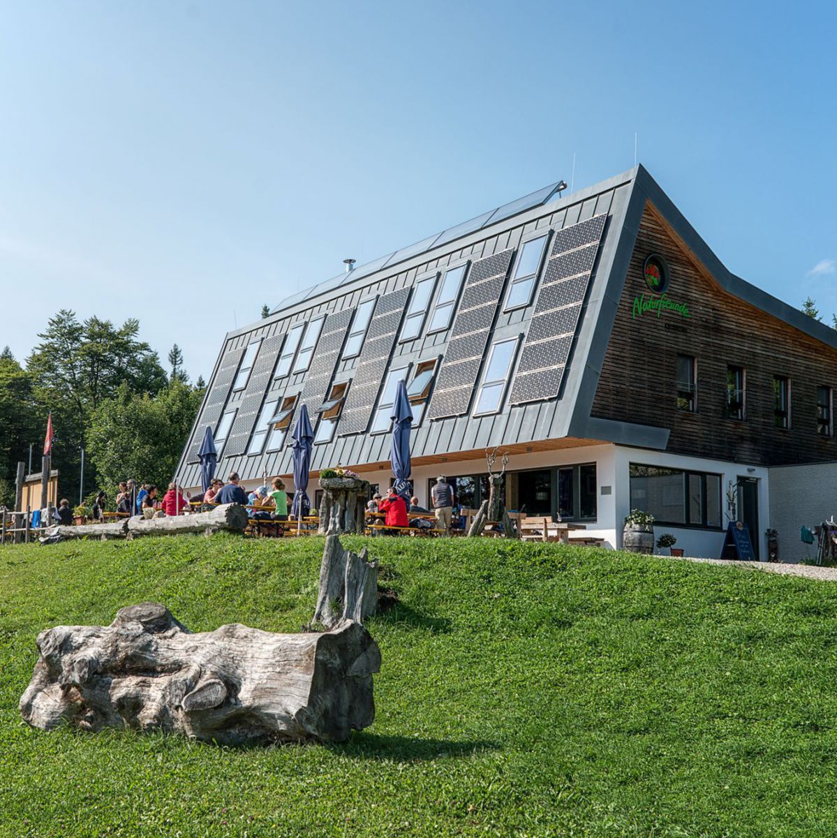 Modernes Haus mit steilem Dach und PV Anlage.