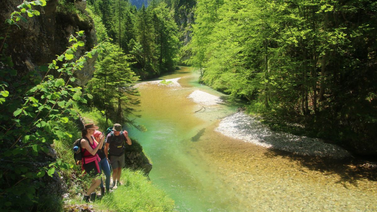 Kleine Wandergruppe am Ufer eines Flusses.