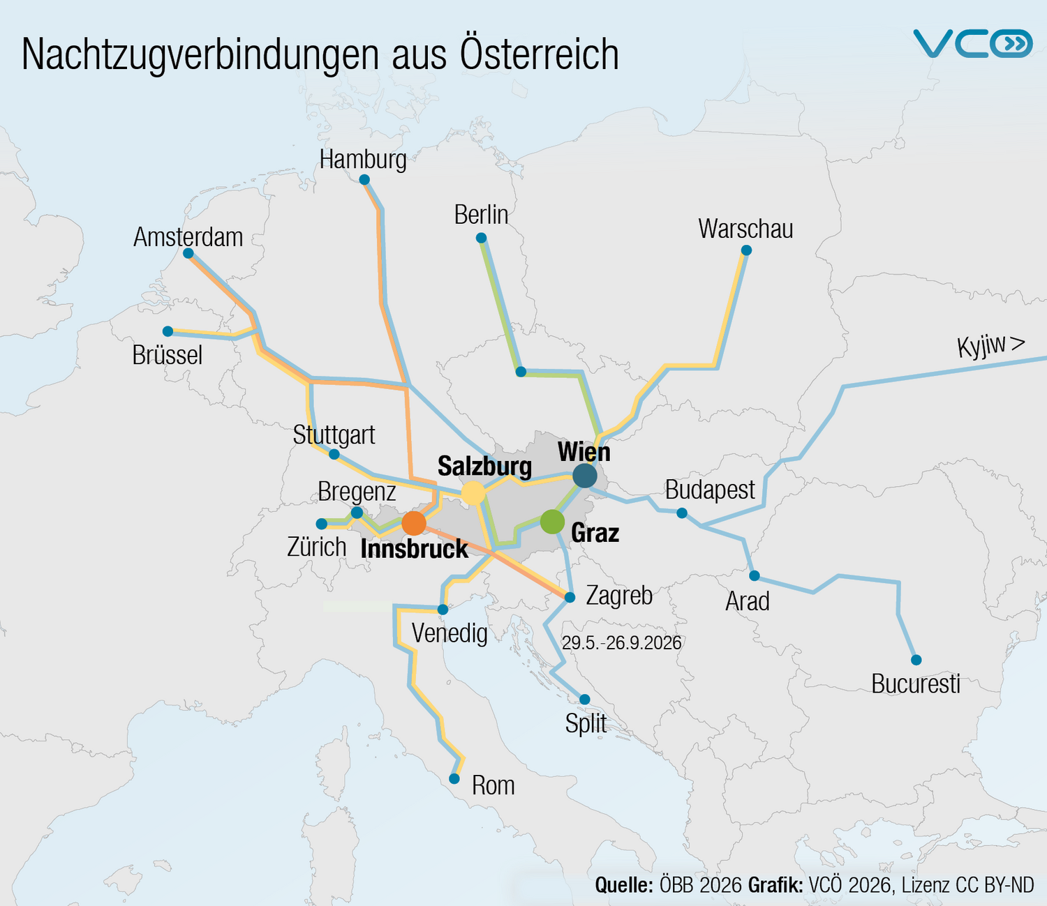 Eine Karte zeigt die Nachtzugverbindungen zwischen den österreichischen Städten Wien, Salzburg, Innsbruck, Bregenz, Villach und Graz nach Zürich, Stuttgart, Brüssel, Amsterdam, Hamburg, Berlin, Warschau, Budapest, Kiew, Arad, Bukarest, Zagreb, Split, Vene