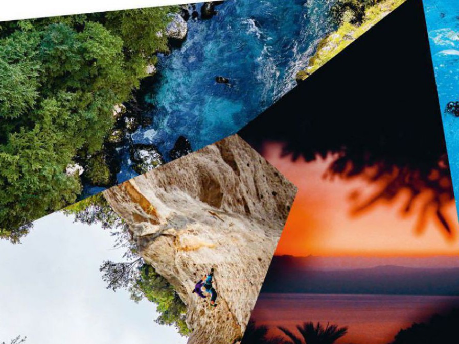 Collage aus 4 Bildern: Blick von oben in eine Schlucht, Blick nach oben auf deine Felswand mit Kletterer, Blick auf einen See bei Sonnenuntergang, Eine Frau im Badeanzug unter Wasser kurz vor dem Auftauchen.