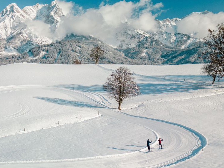 2 Langläufer auf der Loipe. Im Hintergrund verschneite Berglandschaft.