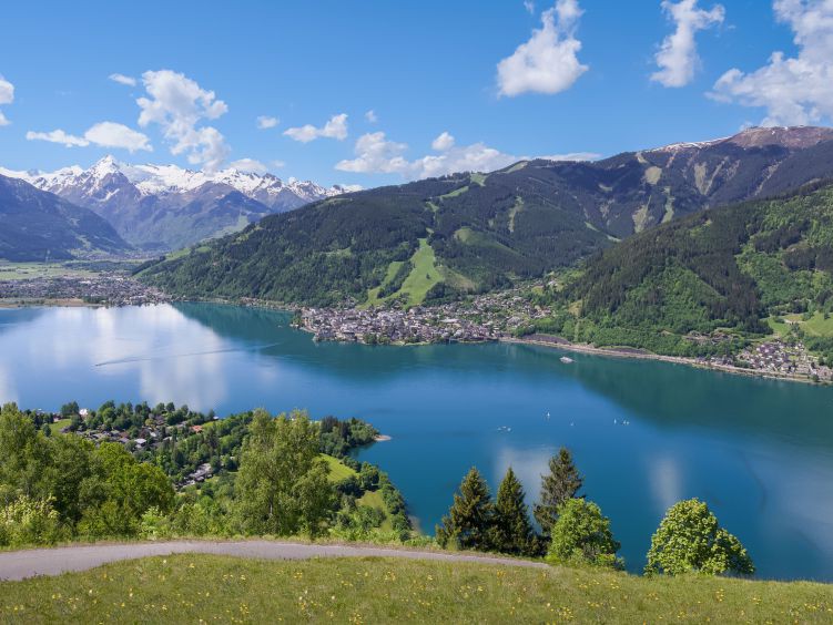 Blick vom Mitterberg auf den Zeller See im Sommer. Im Hintergrund eine mächtige Gebirgskette mit weißen Gipfeln.
