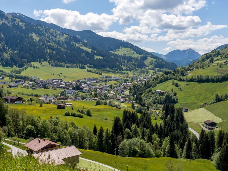 Blick von einer Anhöhe ins Tal. Saftig grüne Wiesen, darin eingebettet eine Ortschaft.